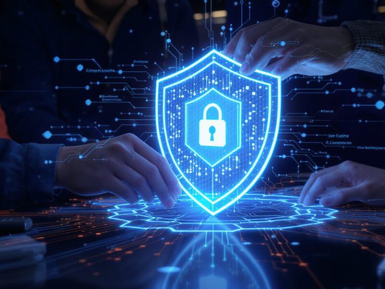 Editorial illustration of a security team reviewing scattered business data across cloud apps, file shares, and endpoints, with highlighted risk areas and governance controls.