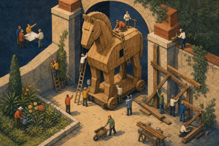 Hand-drawn isometric art of tiny workers inspecting a wooden horse at a company gate, with managers reinforcing beams around the entrance