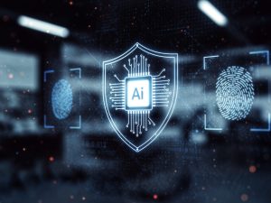 Editorial illustration of a security team analyzing suspicious AI-generated phishing emails on large screens, with business executives reviewing risk alerts in a modern office.