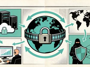 An editorial illustration of a security team reviewing data movement across email, cloud apps, endpoints, and collaboration tools on a central dashboard.