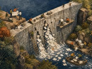 Hand-drawn isometric art of tiny workers repairing a cracked dam as papers spill through gaps, while managers coordinate to stop the flood